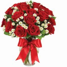 Bouquet of red roses with small white filler flowers in a glass vase