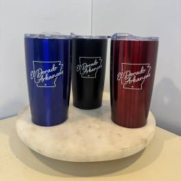 Three insulated tumblers with El Dorado Arkansas logos