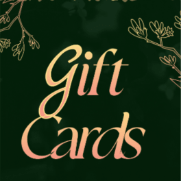 Gift card with dark green floral border and large "Gift Cards" text