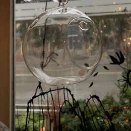 Clear hanging glass orb ornament in front of a window