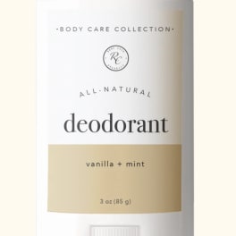 White deodorant stick labeled vanilla + mint
