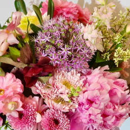 Pink and purple mixed bouquet with chrysanthemums and lilies