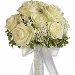 White rose bouquet with a satin ribbon wrap