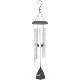 Hanging metal wind chime with clear tubes and a dark clapper