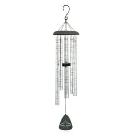 Silver wind chime with hanging tubes and a black clapper