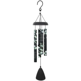 Black hanging wind chime with printed leaf designs