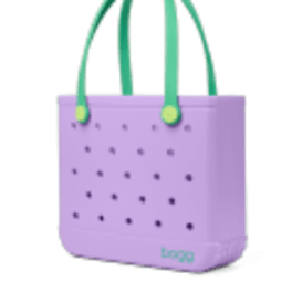 Lavender rubber tote bag with mint green handles and perforated sides