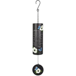 Black memorial wind chime with white flowers and blue butterflies