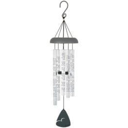 Hanging metal wind chime with clear tubes and a dark clapper