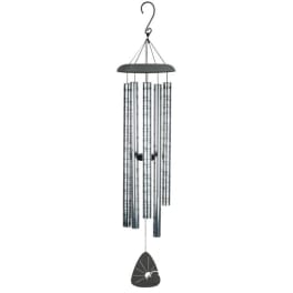 Metal wind chime with silver tubes and a black hanging clapper