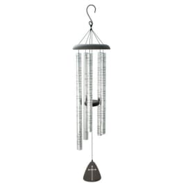 Hanging metal wind chime with silver tubes and a cross-shaped pendant