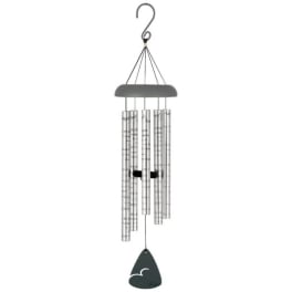 Hanging metal wind chime with silver tubes and a dark clapper