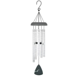 Hanging metal wind chime with clear tubes and a dark clapper