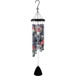 Hanging wind chime with printed metal tubes and a black top and clapper