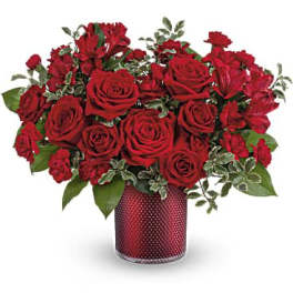 Red rose bouquet in a red textured vase