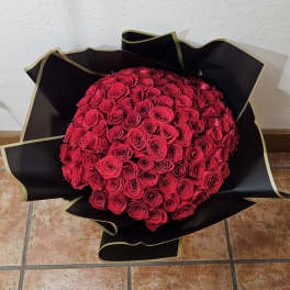 Large bouquet of red roses wrapped in black paper
