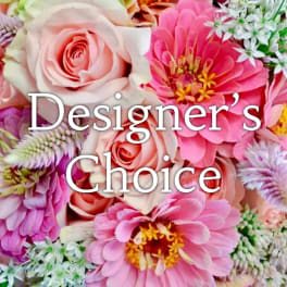 Pink and cream flowers with the words "Designer’s Choice" overlaid