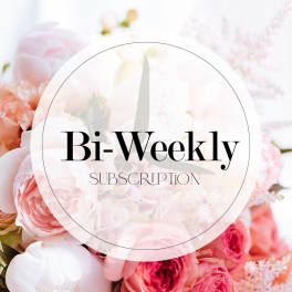 Pink and white floral arrangement with a "Bi-Weekly Subscription" label