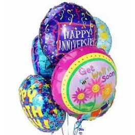 Cluster of colorful foil balloons with anniversary and get well messages