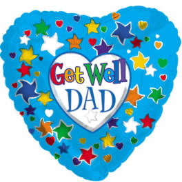 Heart-shaped blue balloon with "Get Well Dad" text and colorful stars