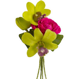 Small bouquet with yellow orchids and a pink rose