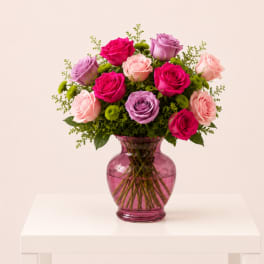 Garden Mix Roses in a Pink Vase