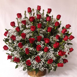 Basket arrangement of red roses with white baby's breath