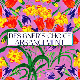 Colorful floral pattern with daffodils and tulips behind a text banner