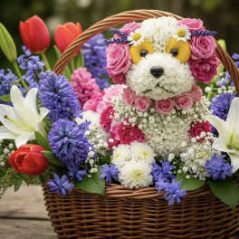 Flower basket arranged as a dog face with pink and white blooms