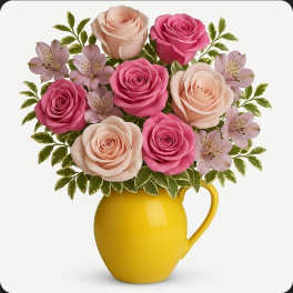 Pink and peach roses with pale alstroemeria in a yellow pitcher vase