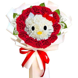 Heart-shaped bouquet of red roses with a Hello Kitty face centerpiece