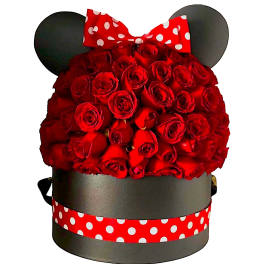 Red rose arrangement in a black Mickey Mouse-shaped box with a polka-dot bow