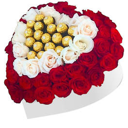 Heart-shaped bouquet of red and white roses with gold chocolates in the center
