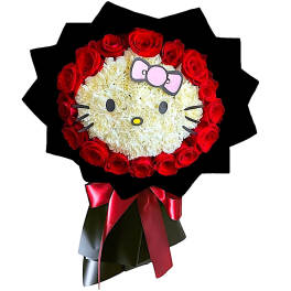 Hello Kitty face bouquet with red roses and white flowers