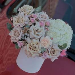 Bouquet of blush roses, pink spray roses, and white hydrangea