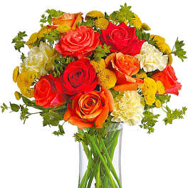 Bouquet of red, orange, and white roses with yellow pom flowers in a glass vase