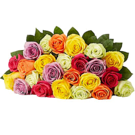 Bouquet of multicolored roses with dark green leaves