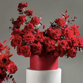 Red rose arrangement in a red cylindrical vase on a white pedestal
