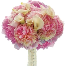 Round bridal bouquet of pink peonies with white mini calla lilies, wrapped in ivory ribbon with pearl pins