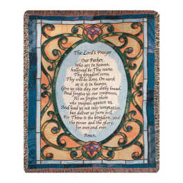 Decorative woven throw blanket with The Lord's Prayer text