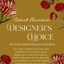 Designer’s choice floral promo with red tulips and carnations on a gold background