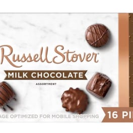 Box of Russell Stover milk chocolate assortment with a ribbon graphic