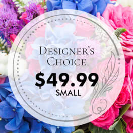 Colorful mixed flower arrangement with a price label overlay