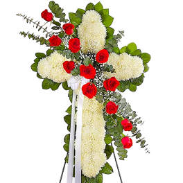 Standing floral cross with red roses and white chrysanthemums