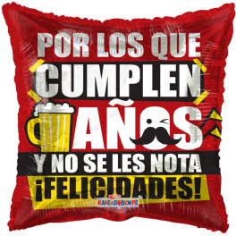 Red foil balloon with Spanish birthday text and a beer mug graphic