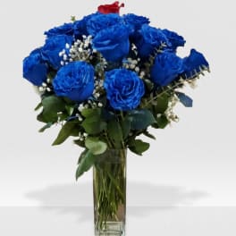 23 blue Rose's and 1 red in de center in a vase