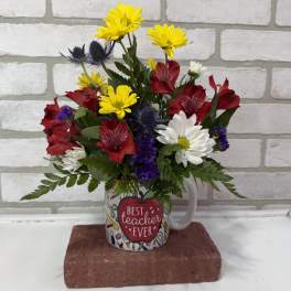 Mixed bouquet in a mug with a Best Teacher Ever design