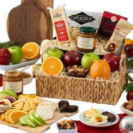 Gift basket with fruit, cheese, crackers, nuts, and sweets