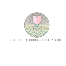 Pastel graphic of a single tulip in a circular emblem above the text Designer's Choice/Custom Arr.