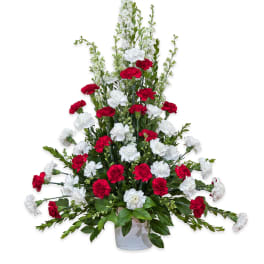 Red and white carnations in a white vase